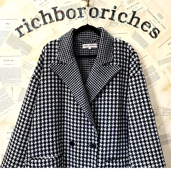 Free People Chelsea Houndstooth Wool Maxi Coat Double Breasted Black White - Picture 5 of 6